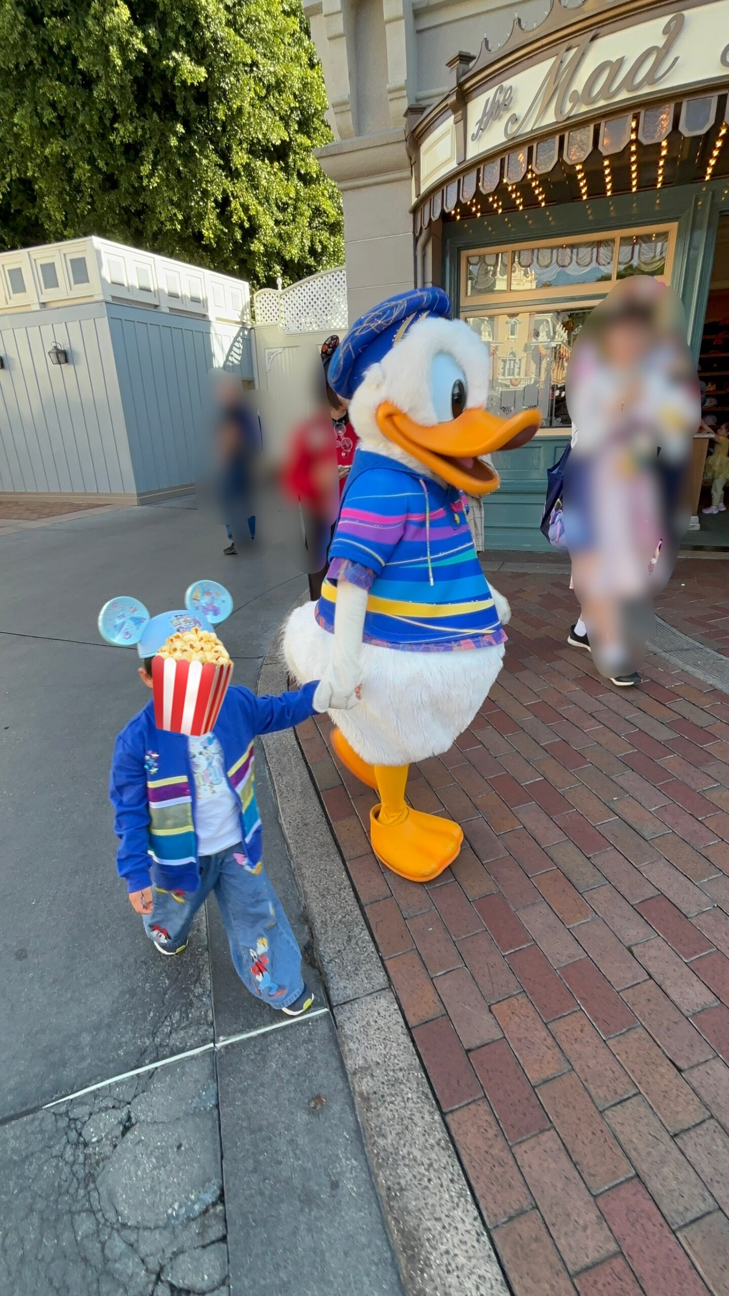 アナハイムディズニー70周年でドナルドが息子の手を引いてグリーティング場所までお散歩してくれた様子。