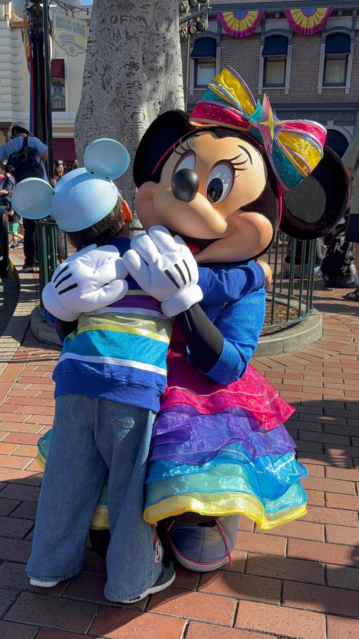 70周年アウトフィットのミニーマウスと息子がハグしている様子(60周年との比較)