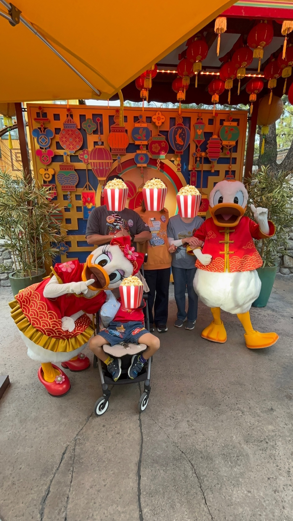 アナハイムディズニーでベビーカーに乗ったまま昼寝をしながらドナルドとデイジーに会う4歳の子ども