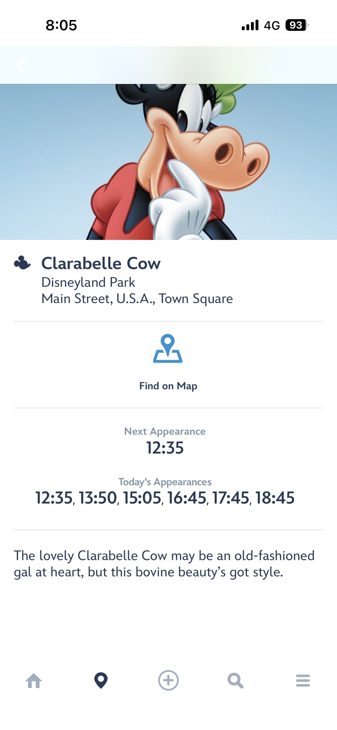 アナハイムディズニー70周年でクララベルのグリーティング予定がアプリから消えたスクリーンショット。