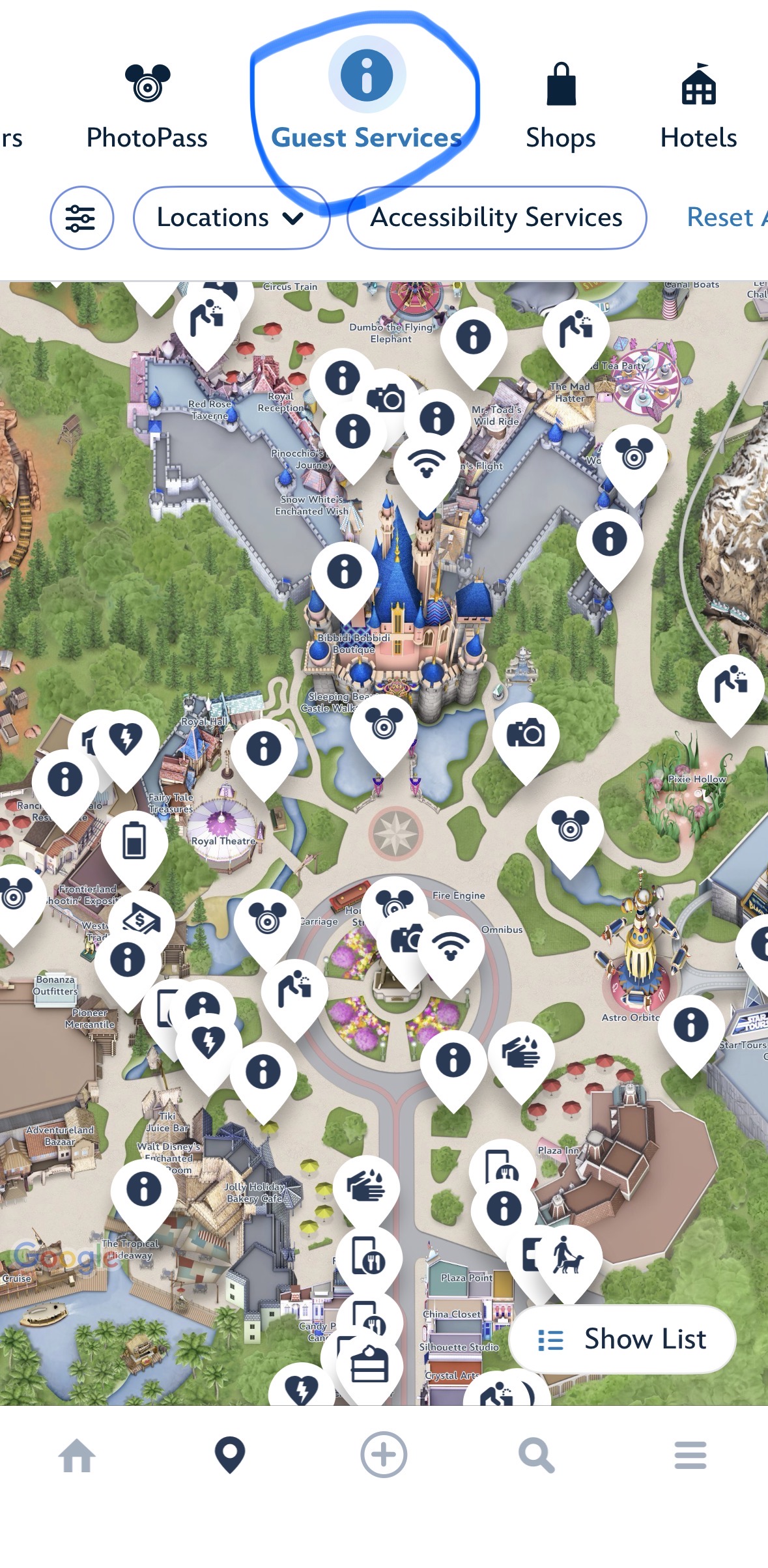 ディズニー公式アプリのマップでゲストサービスを表示した画面