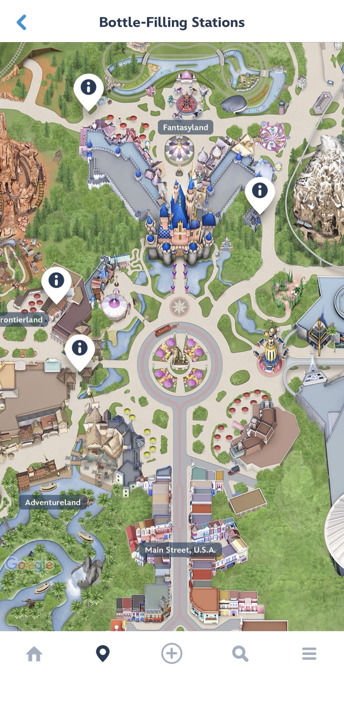 ディズニーランドのウォーターリフィルステーションが地図に表示された画面