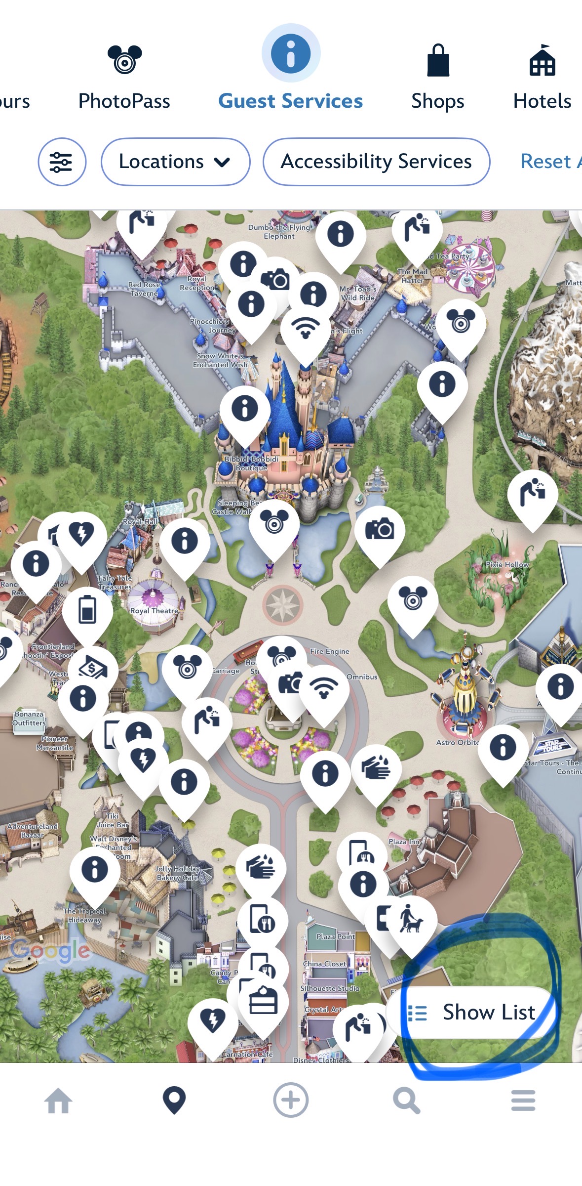 ディズニーアプリのショーリスト画面とボトルフィリングステーションの項目