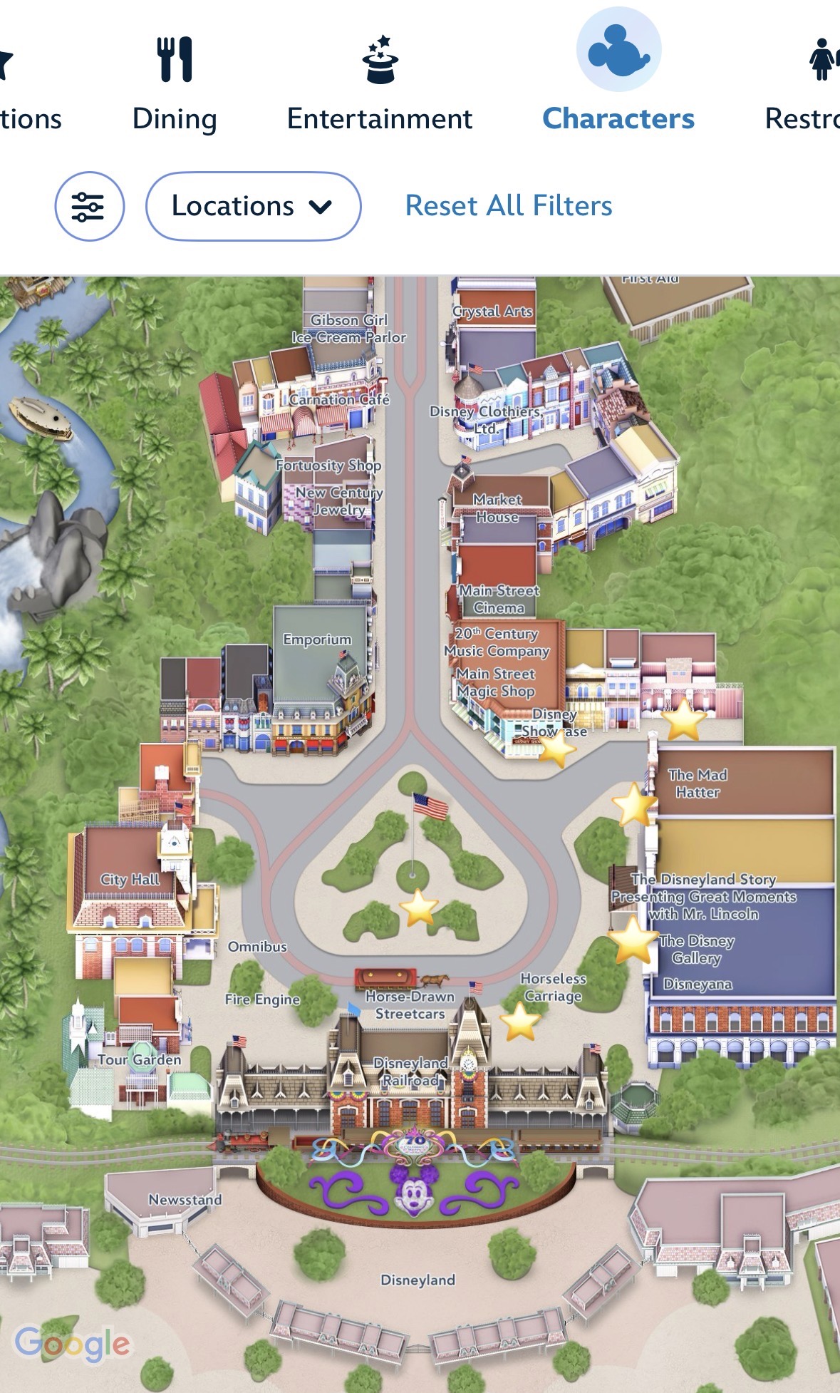 ディズニーランド70周年キャラクターグリーティング実際の場所(星マーク付きマップ)