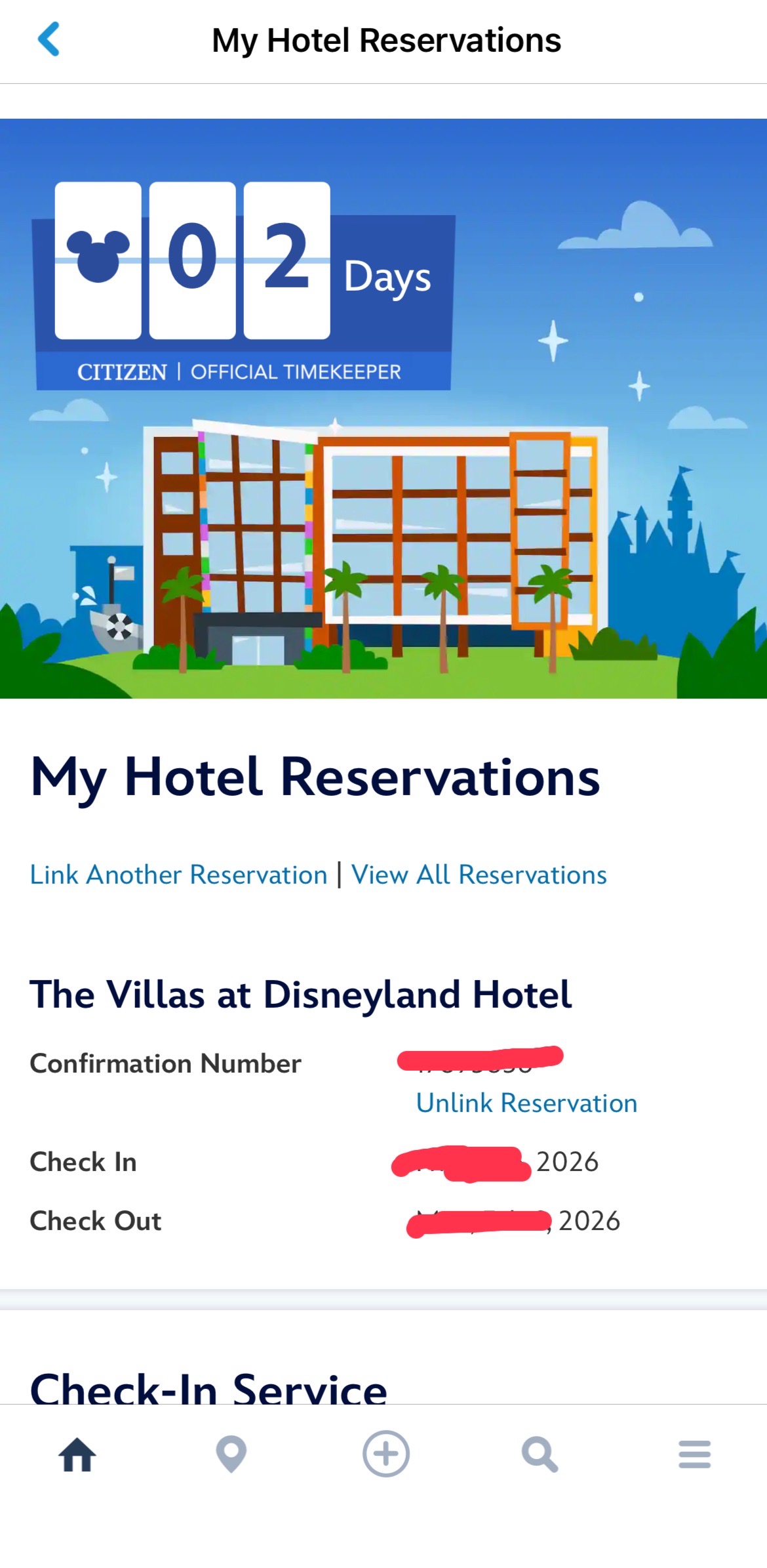 ディズニーアプリに表示されたディズニーランドホテルのチェックインカウントダウン画面