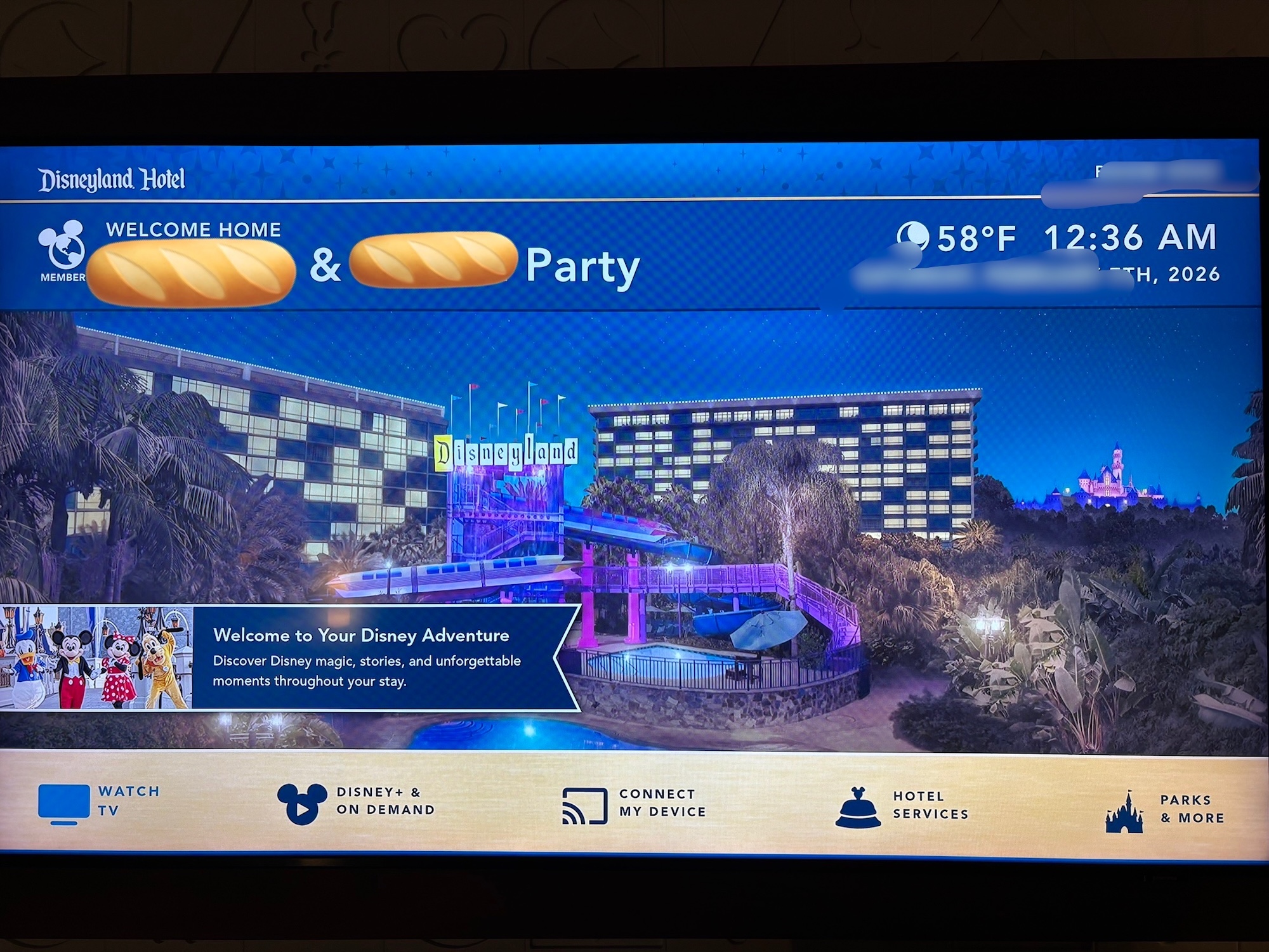 ディズニーランドホテルのテレビに表示されるウェルカム画面（モノレールとお城）