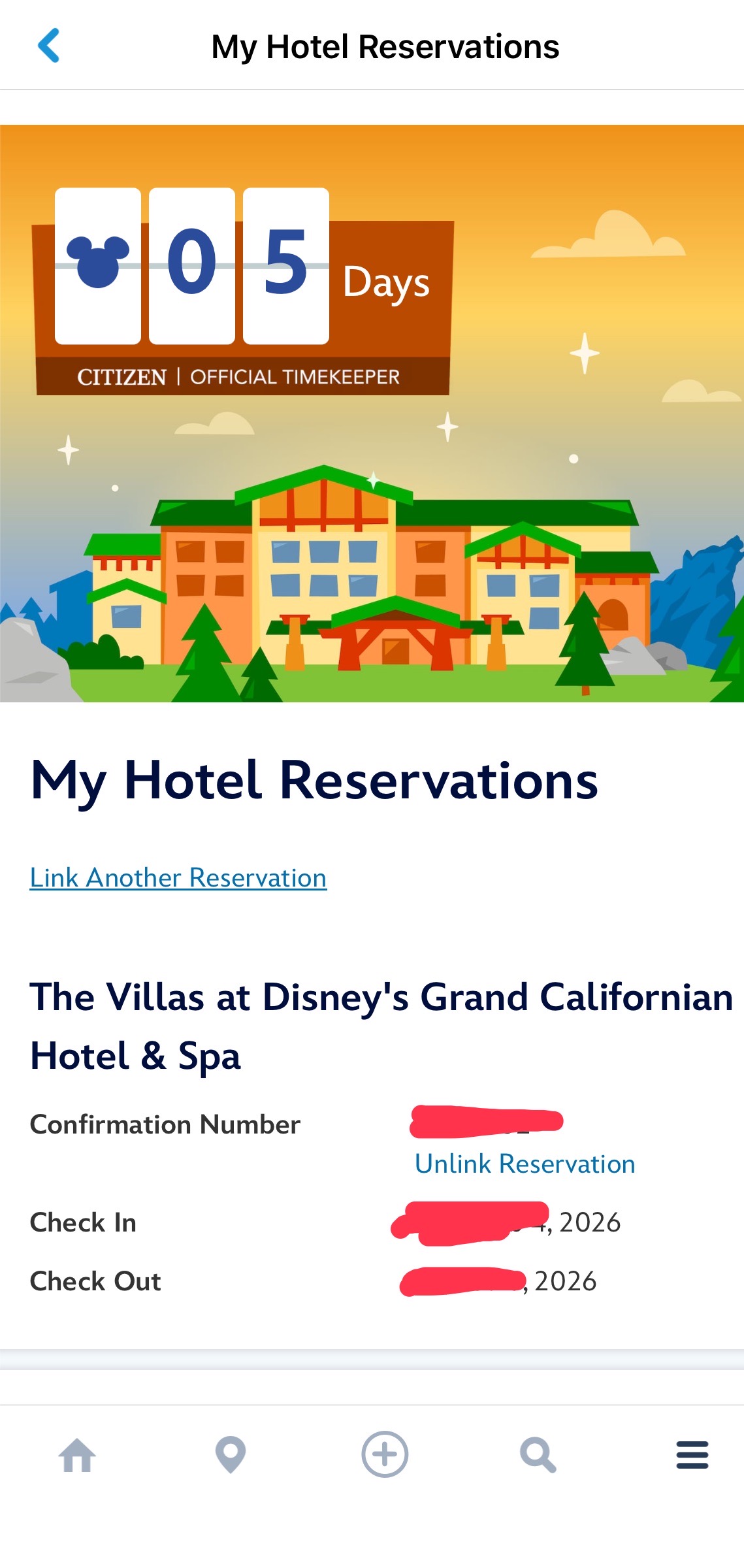 ディズニーアプリに表示されたグランドカリフォルニアンホテルのチェックインカウントダウン画面