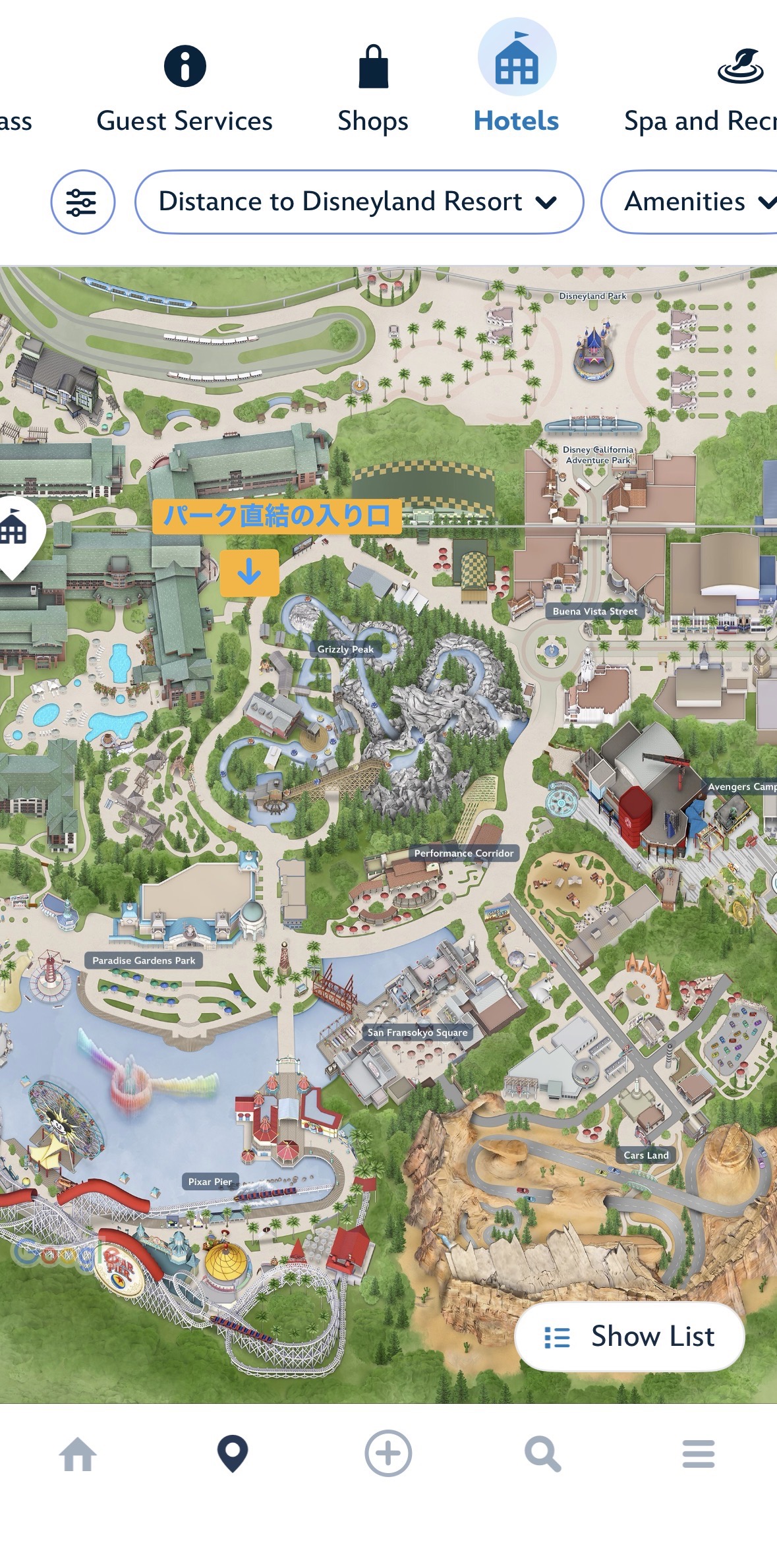 グランドカリフォルニアンホテル カリフォルニアアドベンチャー直結入口の場所（公式アプリ地図）