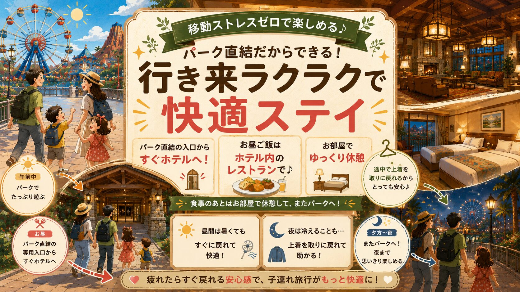 グランドカリフォルニアンホテルのパーク直結の便利さを説明したインフォグラフィック。午前中パークで遊び、お昼はホテル内レストランへ、休憩後またパークへという子連れ旅行の過ごし方をイラストで紹介