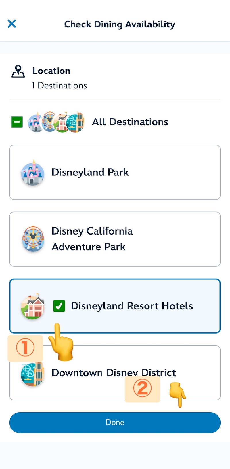 ディズニーランド公式アプリの絞り込み画面でDisneyland Resort Hotelsを選択してDONEをタップする状態のスクリーンショット