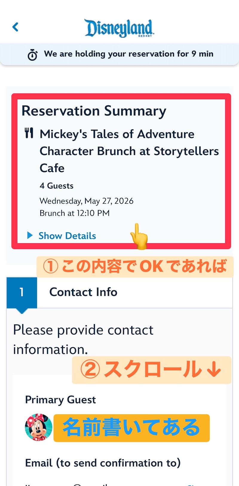 ディズニーランド公式アプリの予約内容確認画面。選択した日時や人数などが赤い四角で囲まれているスクリーンショット