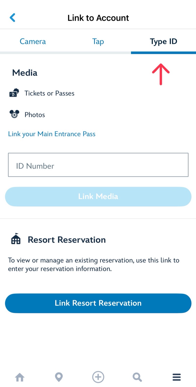 ディズニーランドアプリのLink to Account画面。Type IDタブでID番号を入力する
