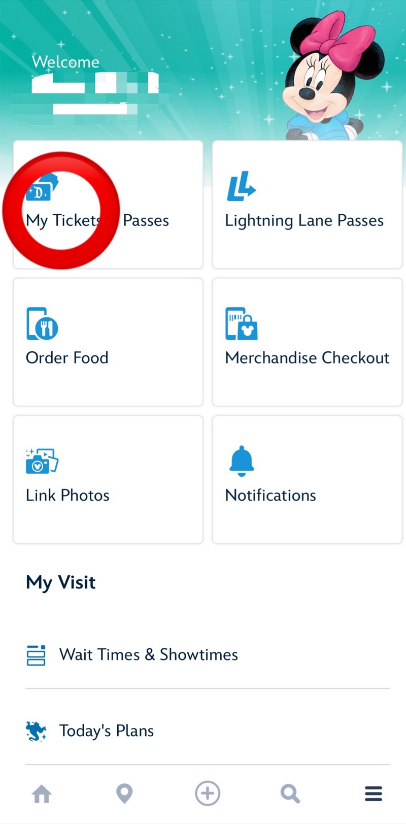 ディズニーランドアプリのホーム画面。My Tickets & Passesに赤丸がついている
