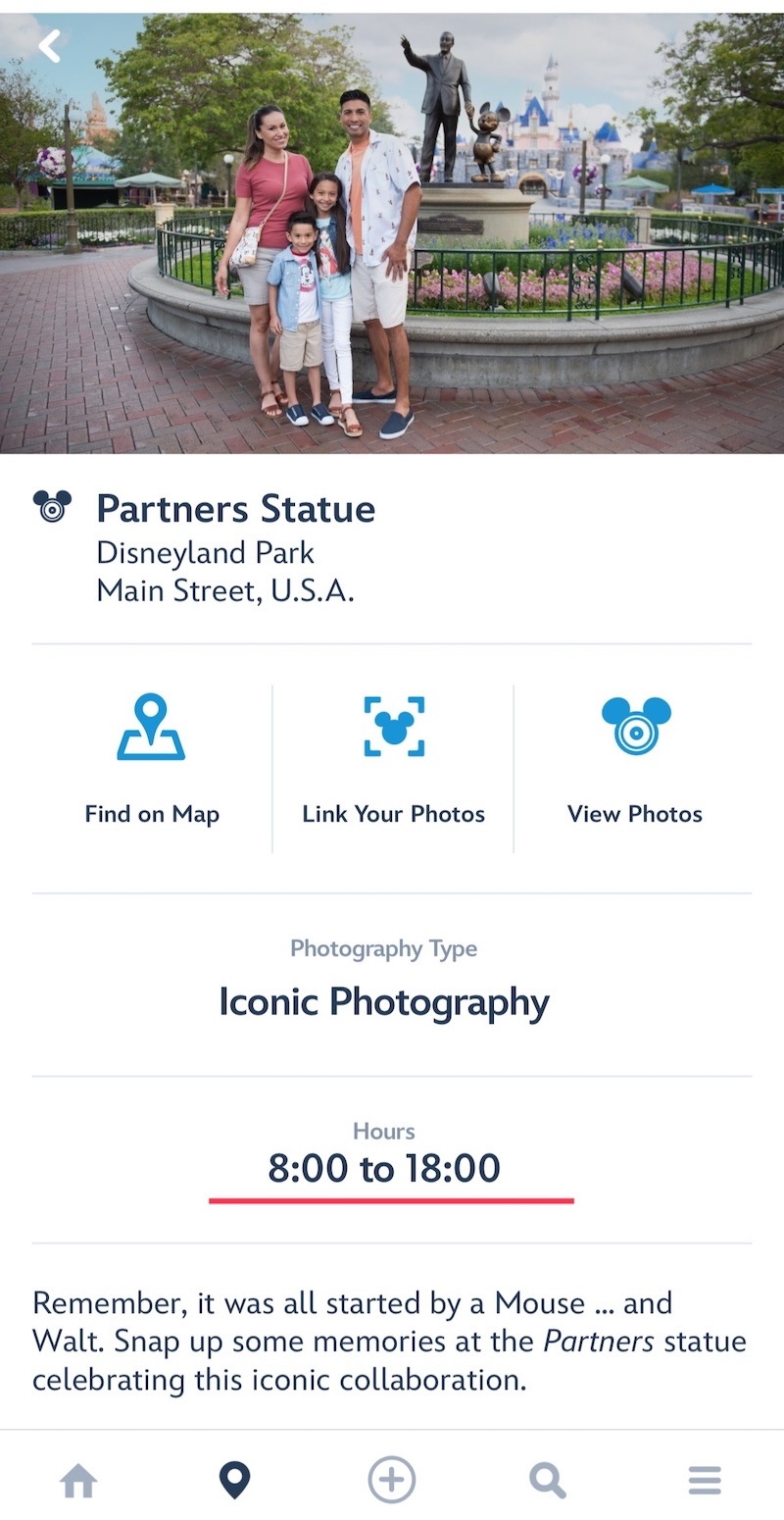 DisneylandアプリのPhotoPass詳細画面。Partners StatueのMain Street U.S.A.での撮影時間が8:00〜18:00と表示されている