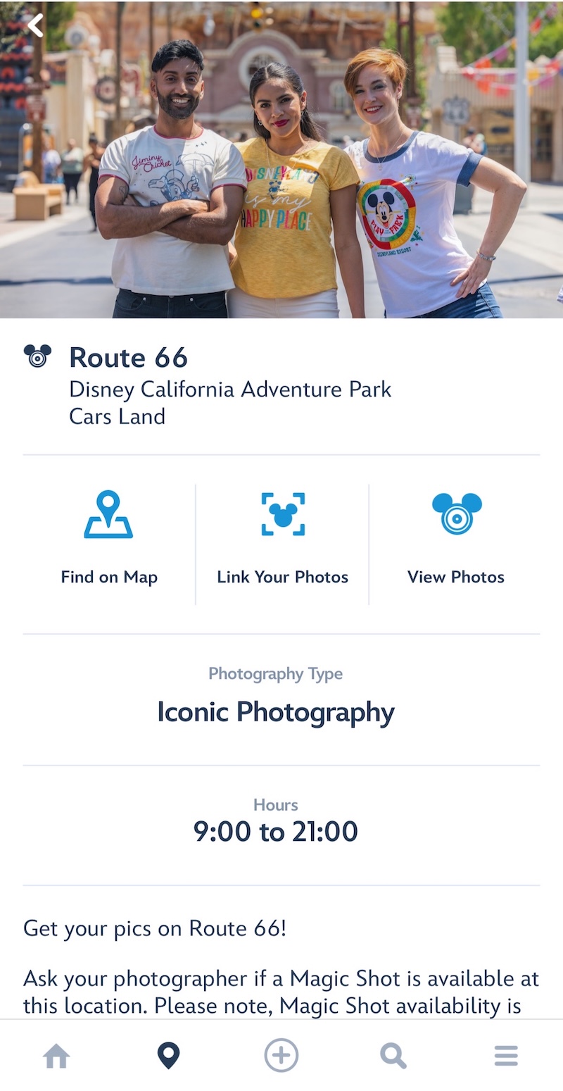 DisneylandアプリのPhotoPass詳細画面。Route 66、Cars Landの撮影時間が9:00〜21:00と表示されている