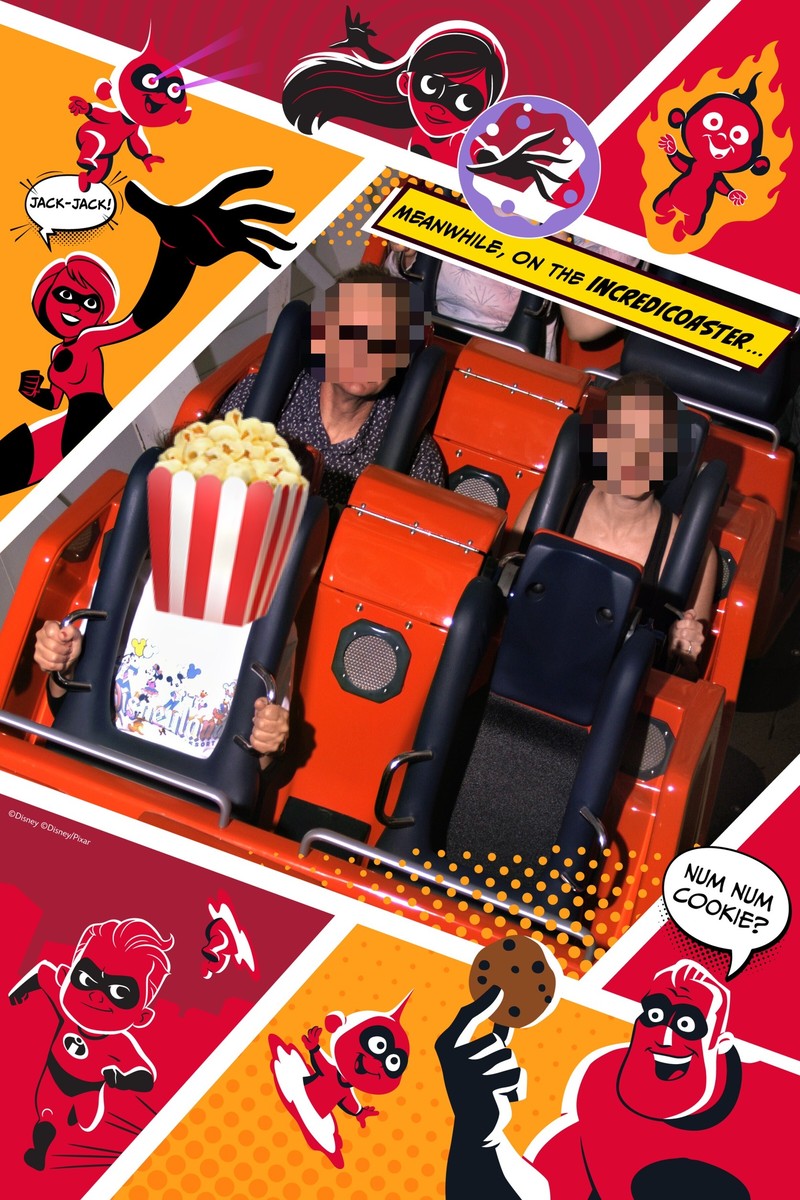 インクレディコースターのフォトパスアトラクション写真。インクレディブルズのイラストフレームとともに乗車中の様子が写っている