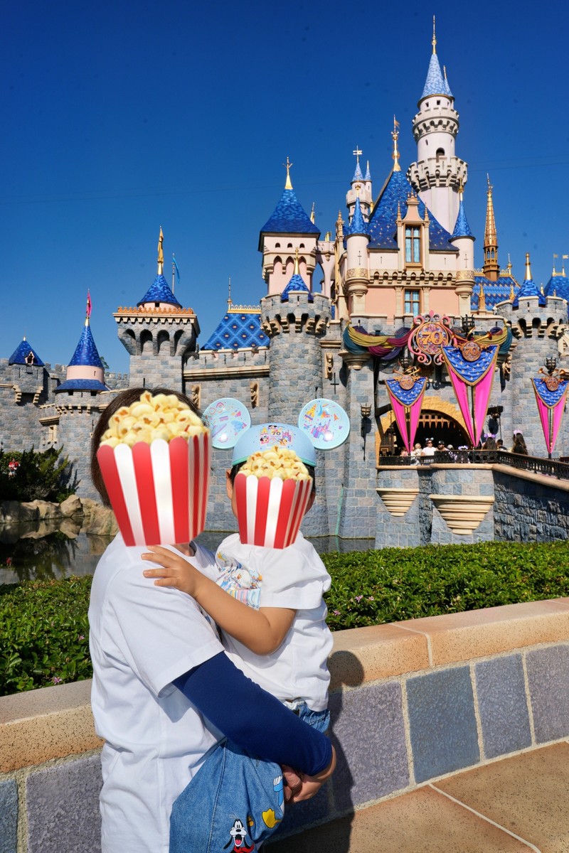 ディズニーランドのお城前でフォトパスカメラマンに撮影してもらったばあばと息子のツーショット