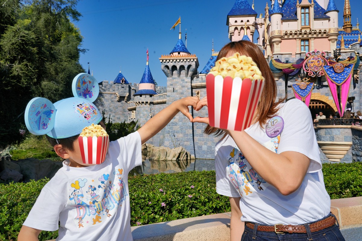 ディズニーランドのお城前でフォトパスカメラマンに撮影してもらったママと息子のハートポーズのツーショット