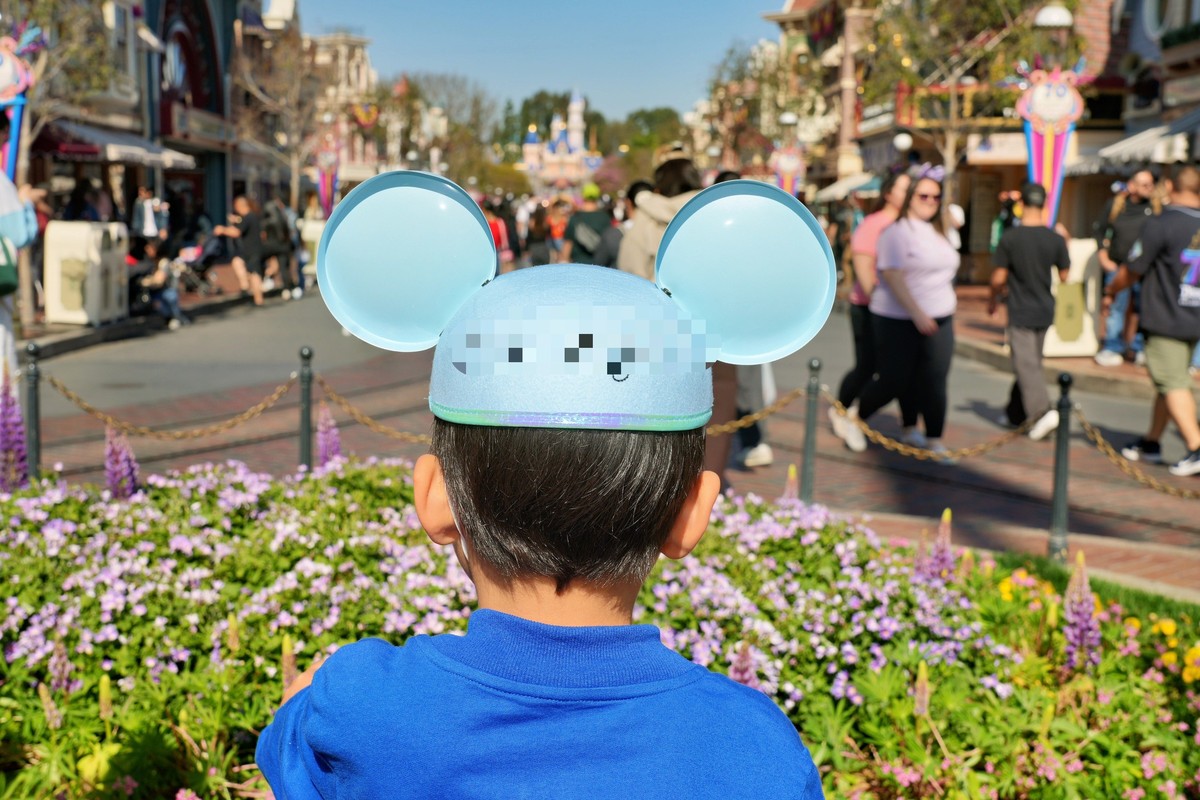 ディズニーランドのメインストリートでフォトパスカメラマンに撮影してもらった息子のイヤーハットのアップ写真
