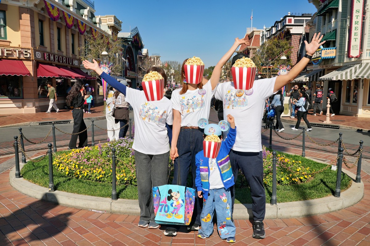 ディズニーランドのメインストリートでフォトパスカメラマンに撮影してもらった家族写真。全員が後ろ向きで手を挙げているポーズ