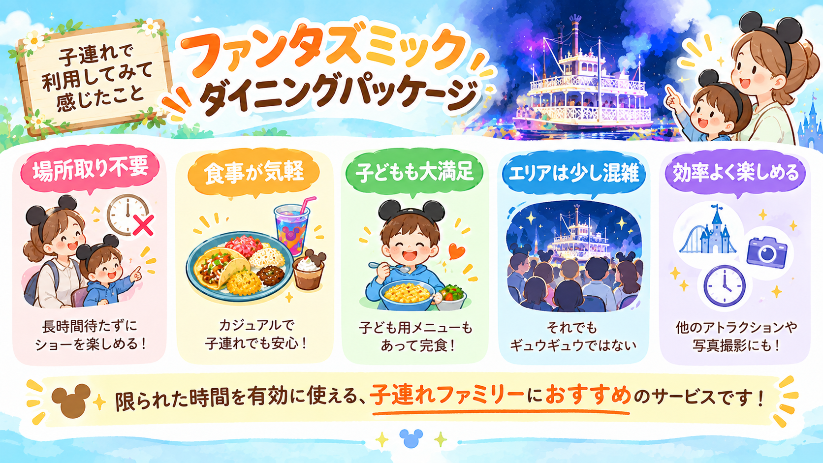 ファンタズミックダイニングパッケージを子連れで利用して感じた5つのポイント。場所取り不要・食事が気軽・子どもも大満足・エリアは少し混雑・効率よく楽しめる